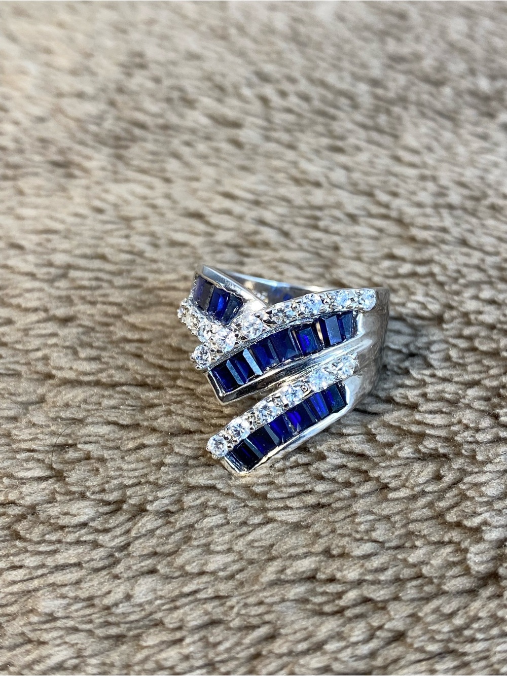 Blue Sapphire & Diamond Ring 925 Sterling Silver Ring